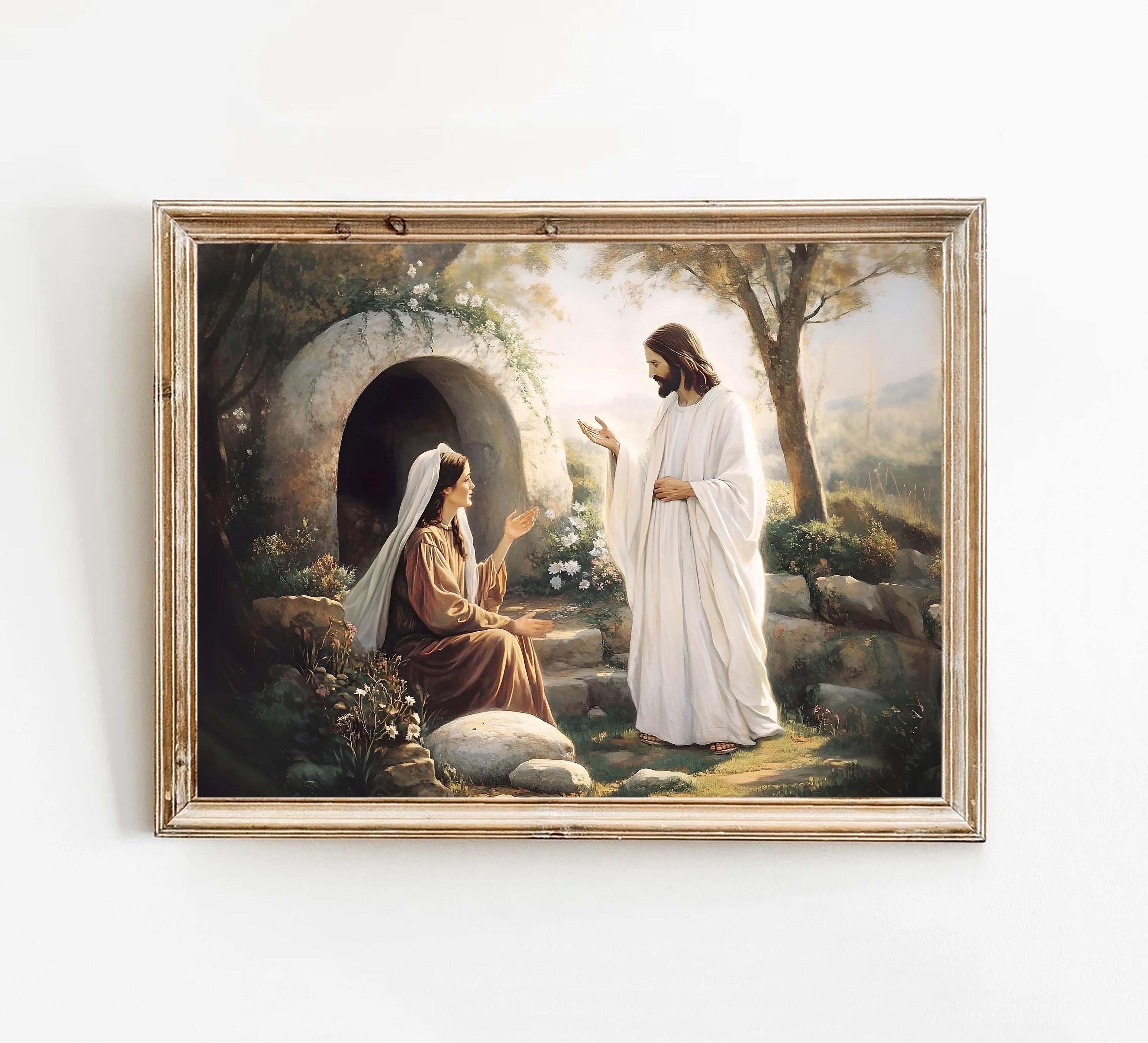 Christian Art Poster, Religious Home Decor, Easter Gift, Bible Verse Wall Art, Jesus with Mary Poster, Christ Resurrection, Empty Tomb Poster
