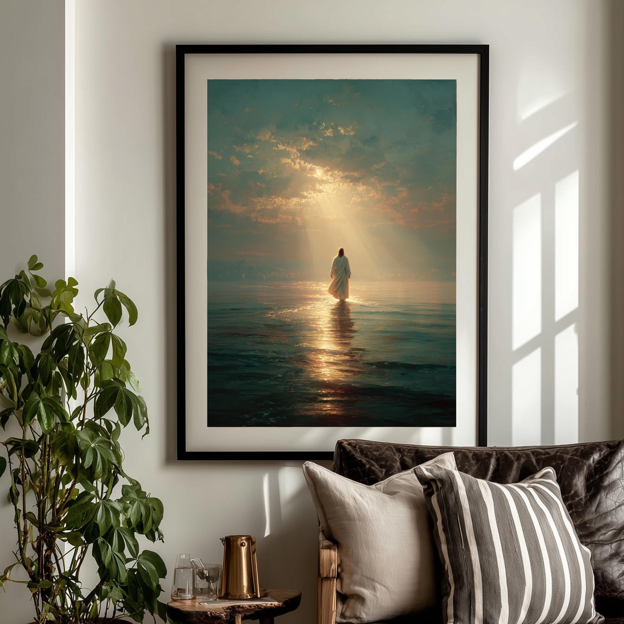 Jesus Christ Walking on Water, Christian Art, Digital Jesus Portrait, I Will Walk With Christ LDS, Jesus Oil Painting, Bible Verse Wall Art