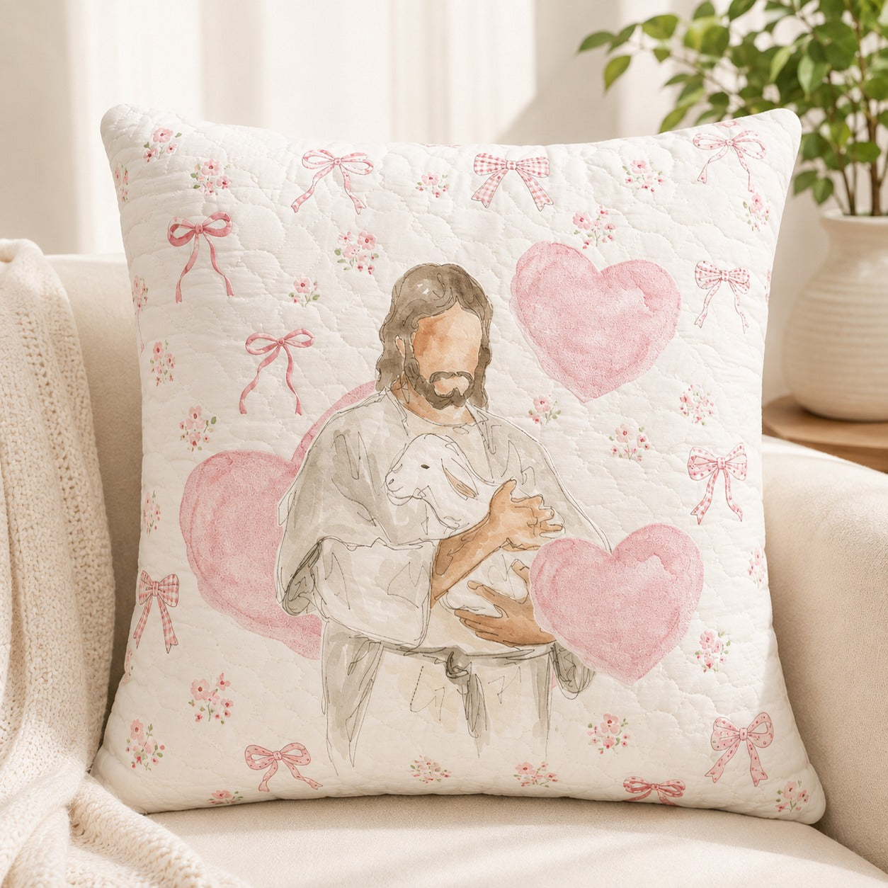 Jesus Love Quilted Pillow Case, Pink Heart Christian Pillow Cover, Cute Faith Home Decor, Religious Gift for Her QPILLOW25