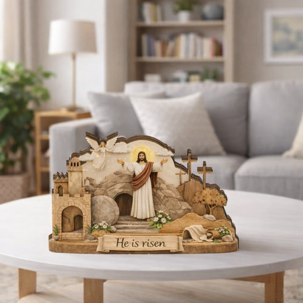 He Is Risen Easter Table Decor, Jesus Resurrection Scene Wooden Display, Empty Tomb & Crosses Shelf Sign, Christian Religious Home Accent, Faith Easter Gift