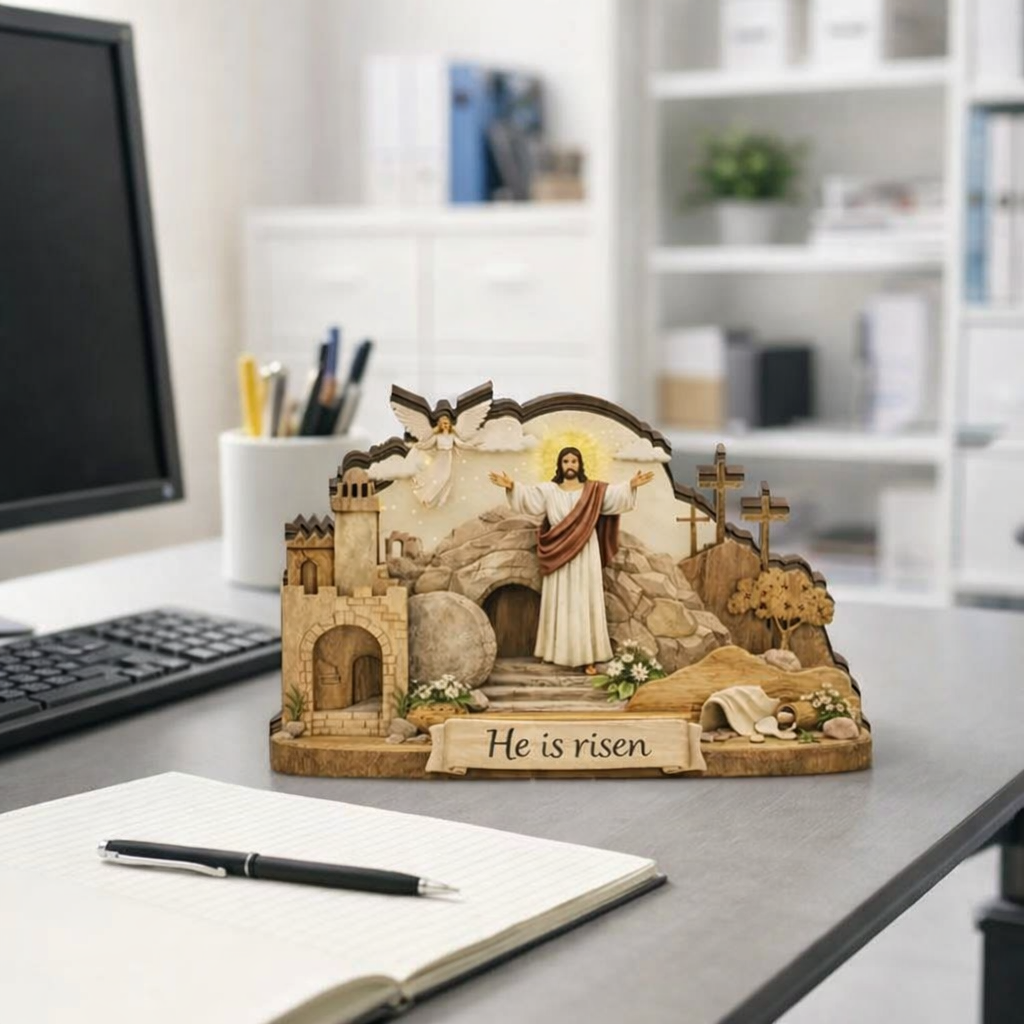 He Is Risen Easter Table Decor, Jesus Resurrection Scene Wooden Display, Empty Tomb & Crosses Shelf Sign, Christian Religious Home Accent, Faith Easter Gift