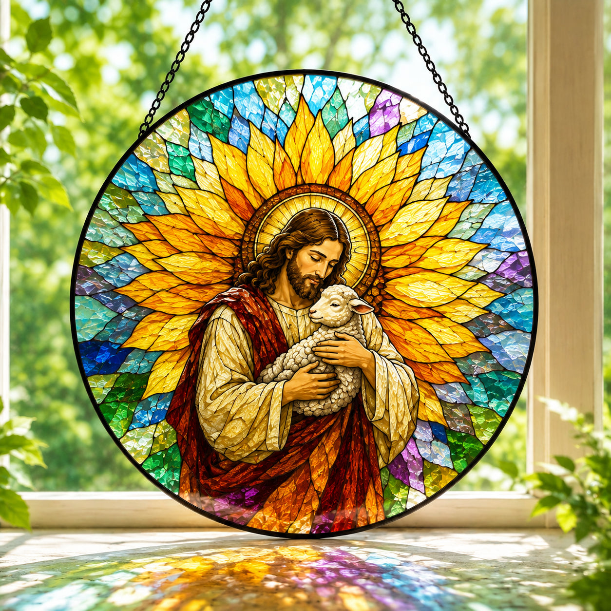 Jesus Good Shepherd Sunflower Stained Glass Suncatcher – Christ Holding Lamb Window Hanging, Christian Religious Gift GLASS26