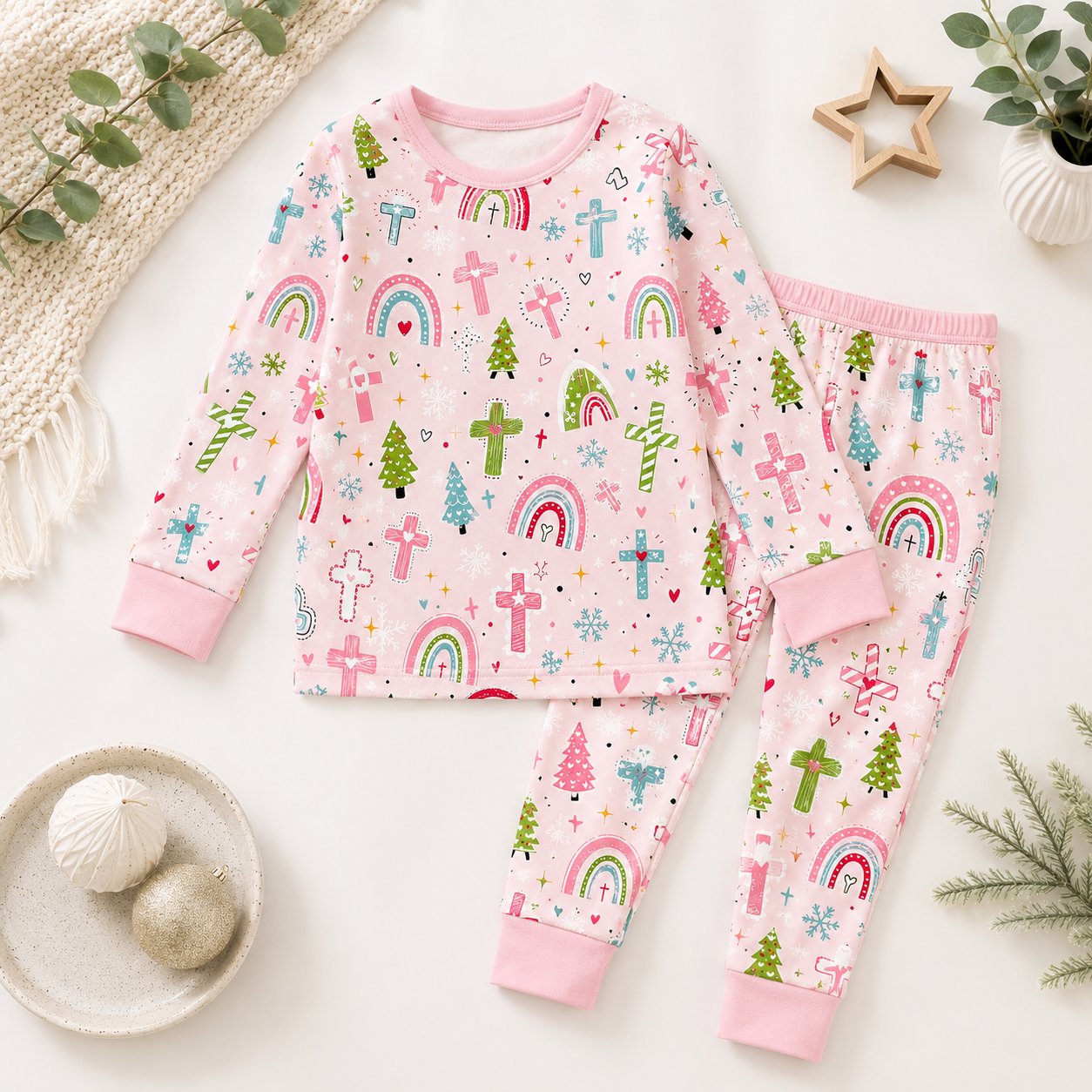 Rainbow Cross Bamboo Kids Pajamas Set, Christian Girls PJs, Faith Inspired Long Sleeve Sleepwear, Christmas Pajamas Set BBPJSS23