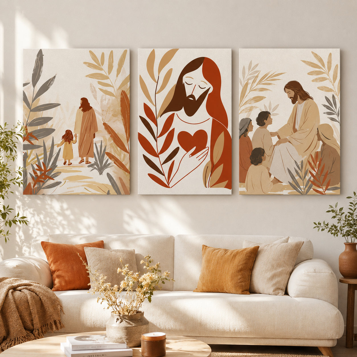 Set of 3 Jesus Sacred Heart Poster, Jesus Christian Wall Art, Sacred Heart and Jesus with Children Posters, Boho Religious Living Room Decor PTSET21