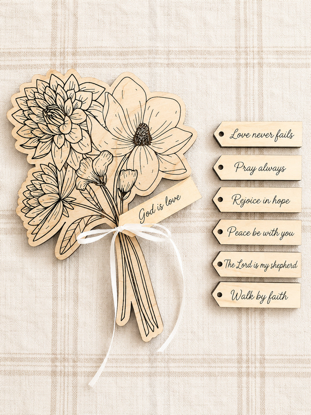 Wooden Bible Verse Flower Bouquet Set, Bible Flowers Wooden Sign, Christian Scripture Tags, Jesus Loves You Floral Decor, Religious Gift WD05