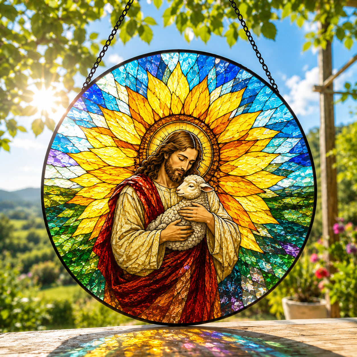 Jesus Good Shepherd Sunflower Stained Glass Suncatcher – Christ Holding Lamb Window Hanging, Christian Religious Gift GLASS26