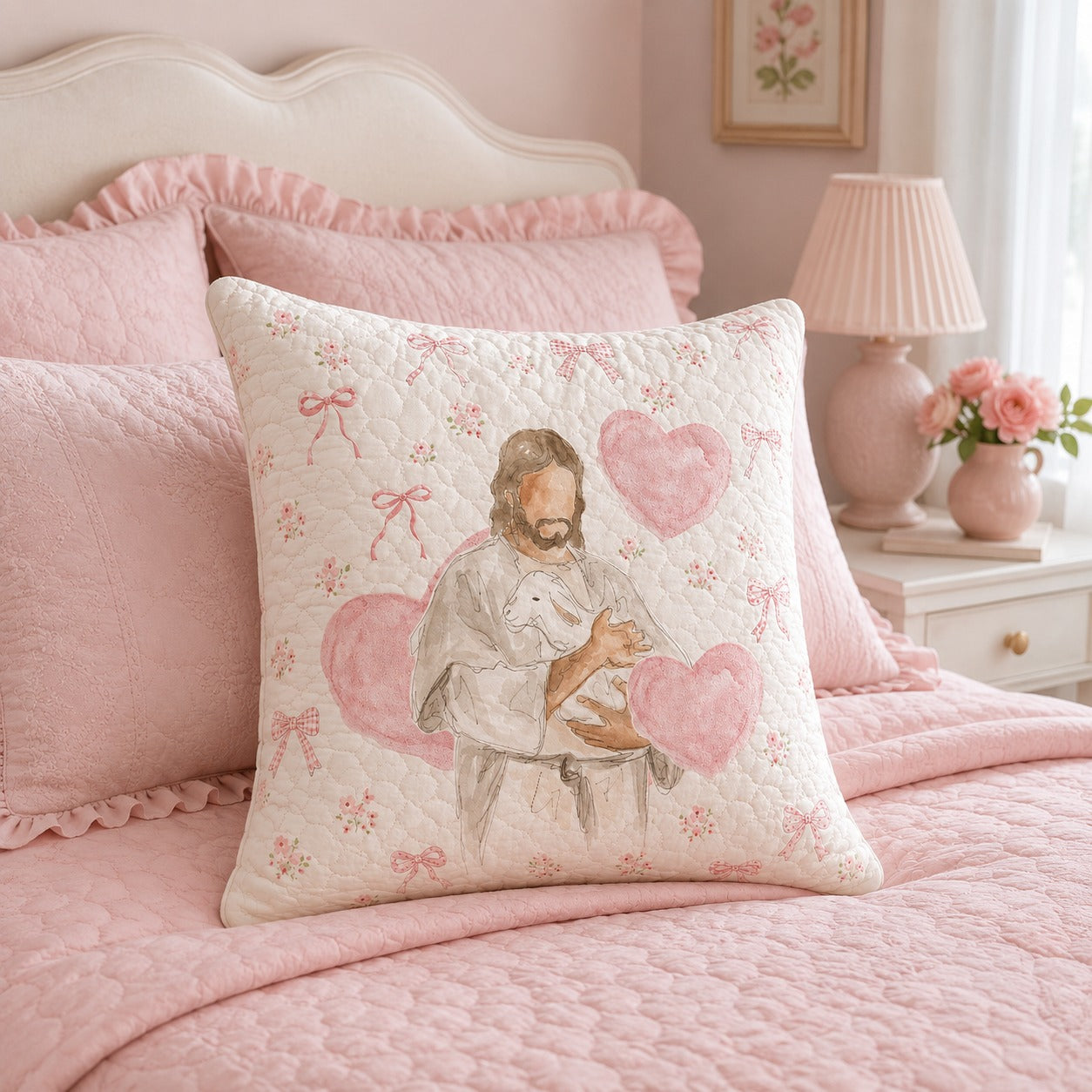 Jesus Love Quilted Pillow Case, Pink Heart Christian Pillow Cover, Cute Faith Home Decor, Religious Gift for Her QPILLOW25
