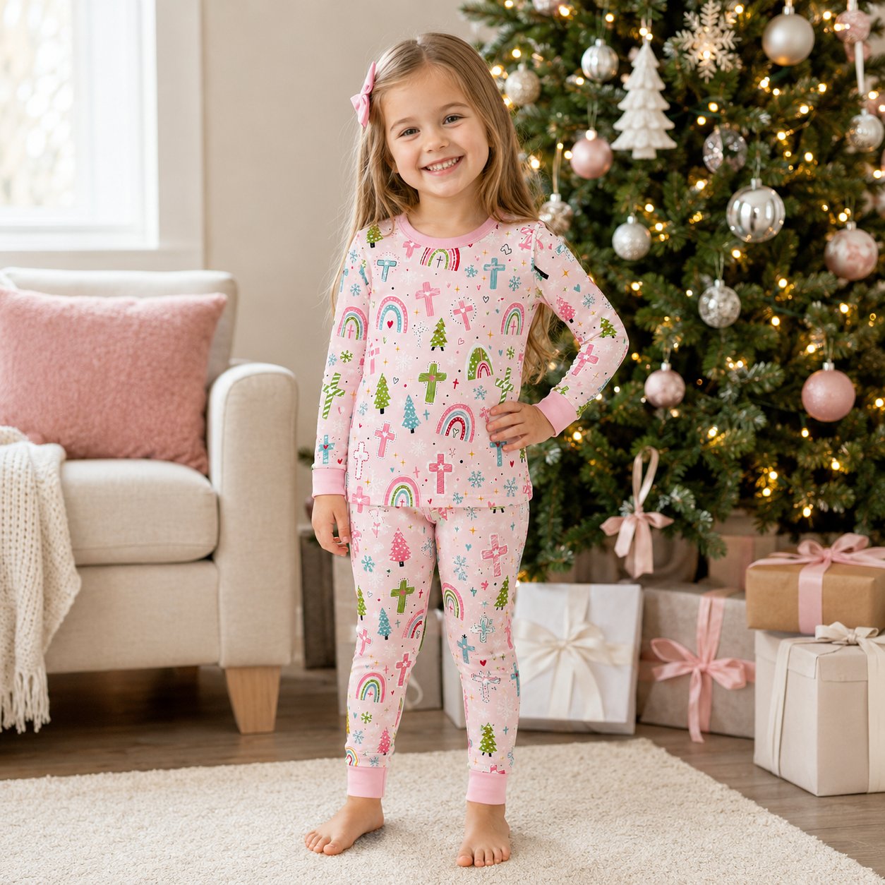Rainbow Cross Bamboo Kids Pajamas Set, Christian Girls PJs, Faith Inspired Long Sleeve Sleepwear, Christmas Pajamas Set BBPJSS23