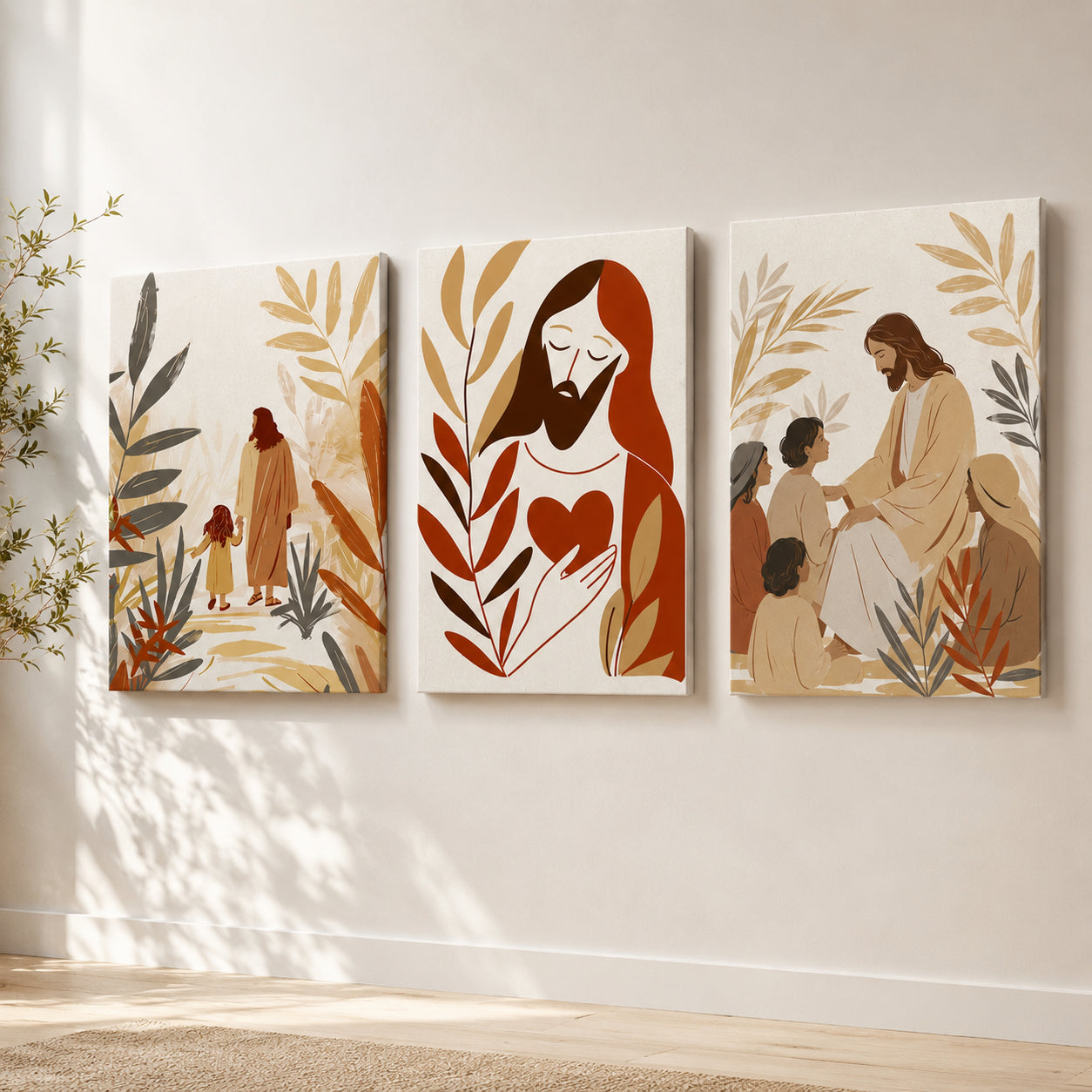 Set of 3 Jesus Sacred Heart Poster, Jesus Christian Wall Art, Sacred Heart and Jesus with Children Posters, Boho Religious Living Room Decor PTSET21