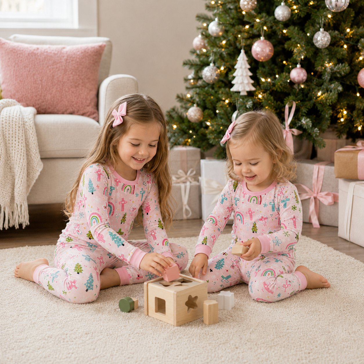 Rainbow Cross Bamboo Kids Pajamas Set, Christian Girls PJs, Faith Inspired Long Sleeve Sleepwear, Christmas Pajamas Set BBPJSS23