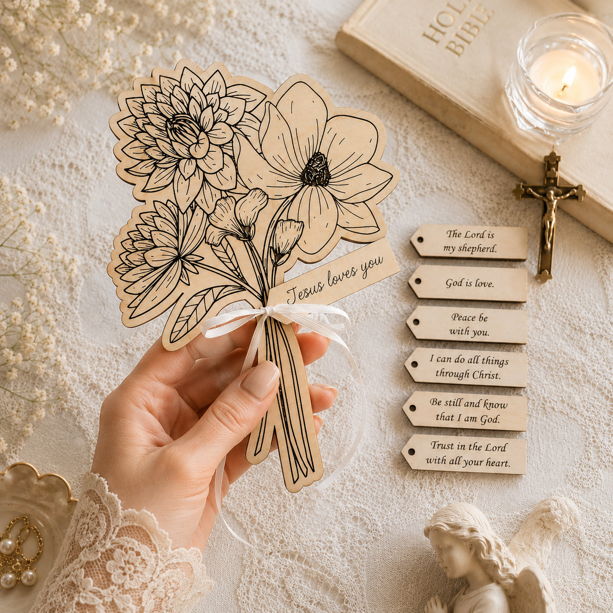 Wooden Bible Verse Flower Bouquet Set, Bible Flowers Wooden Sign, Christian Scripture Tags, Jesus Loves You Floral Decor, Religious Gift WD05