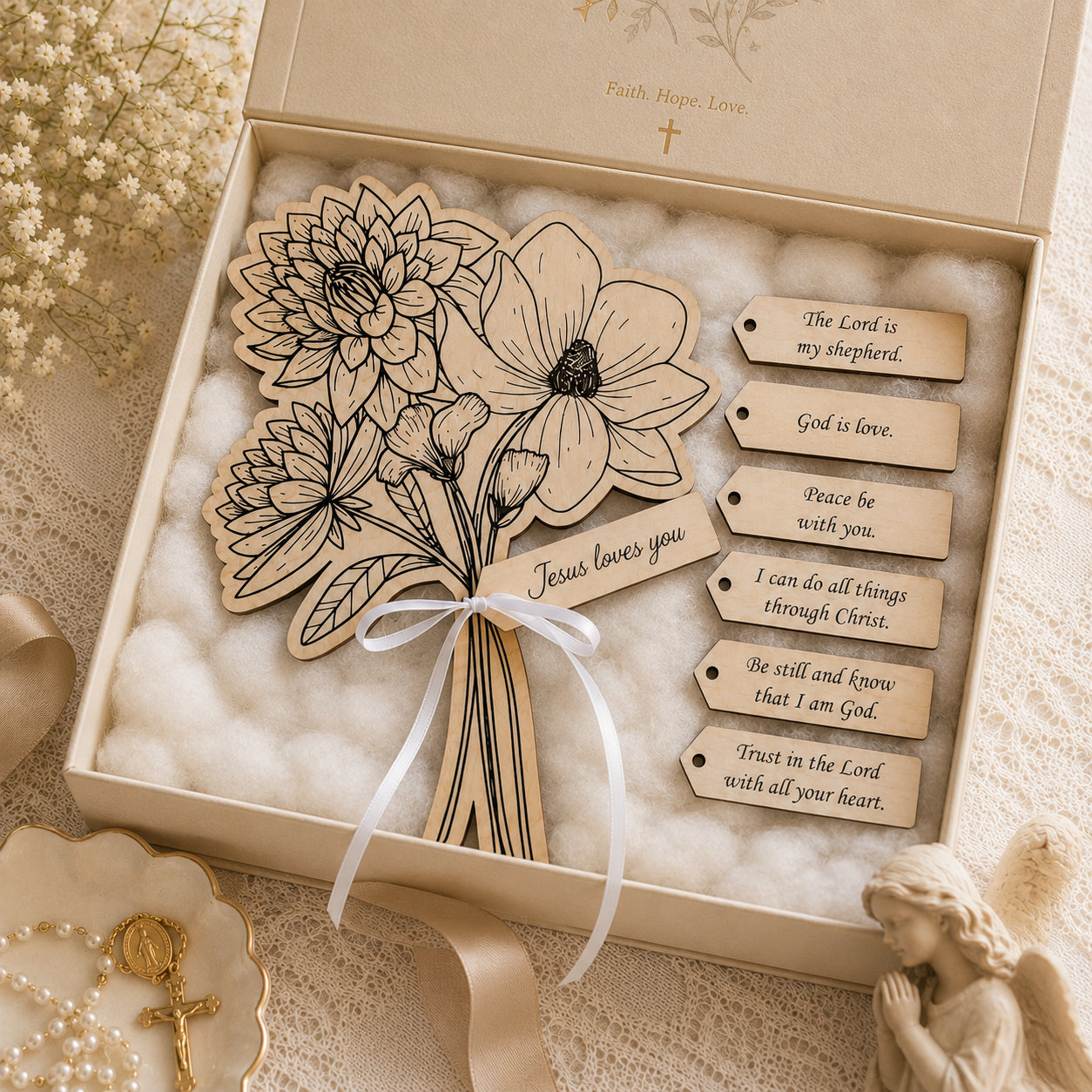 Wooden Bible Verse Flower Bouquet Set, Bible Flowers Wooden Sign, Christian Scripture Tags, Jesus Loves You Floral Decor, Religious Gift WD05