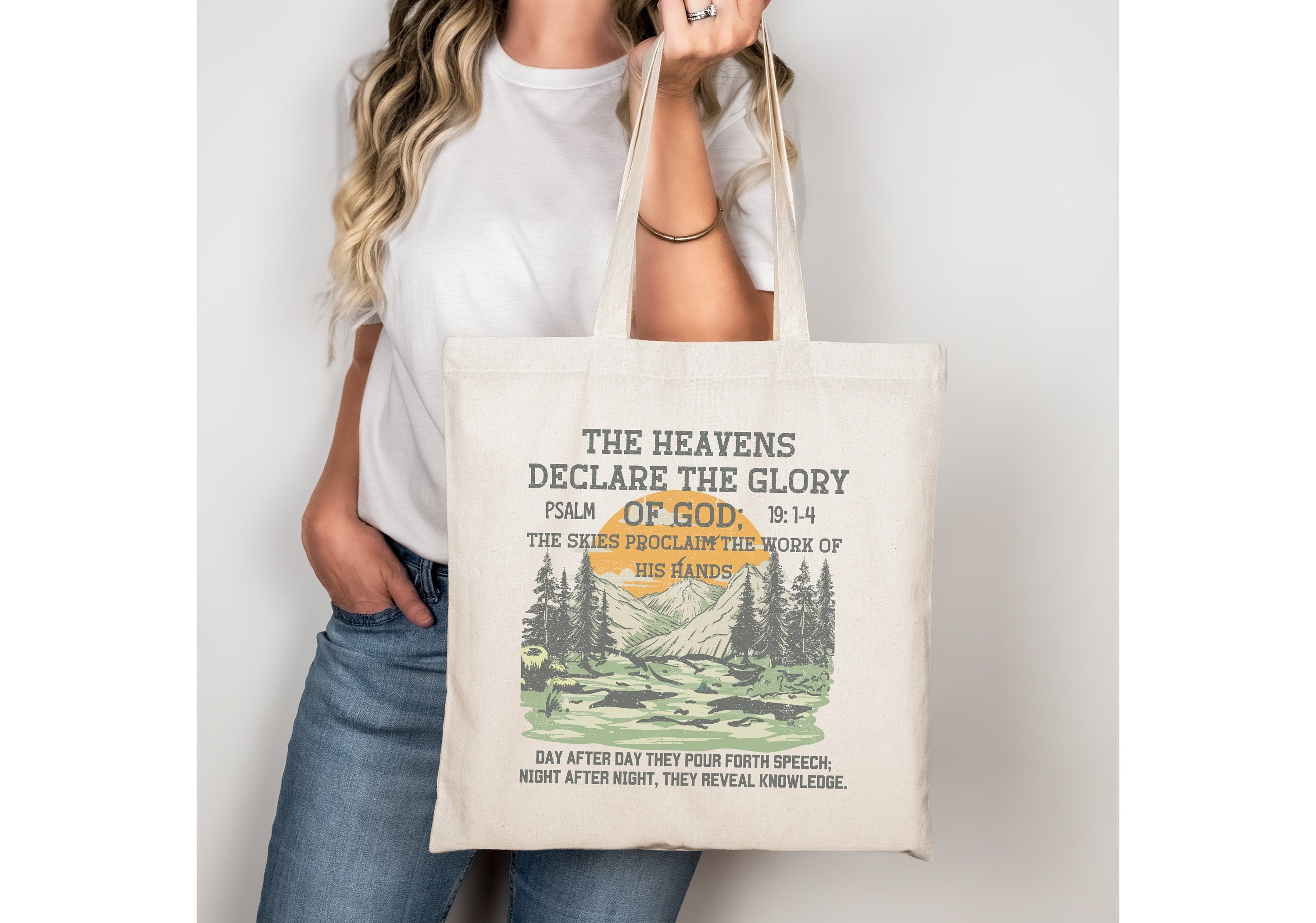 Psalm 19:1 Christian Canvas Tote Bag – Bible Verse Tote – Religious Gift – Church Bag – Godly Gift – Homeschooler Tote – Aesthetic Reusable Bag TBLAF29