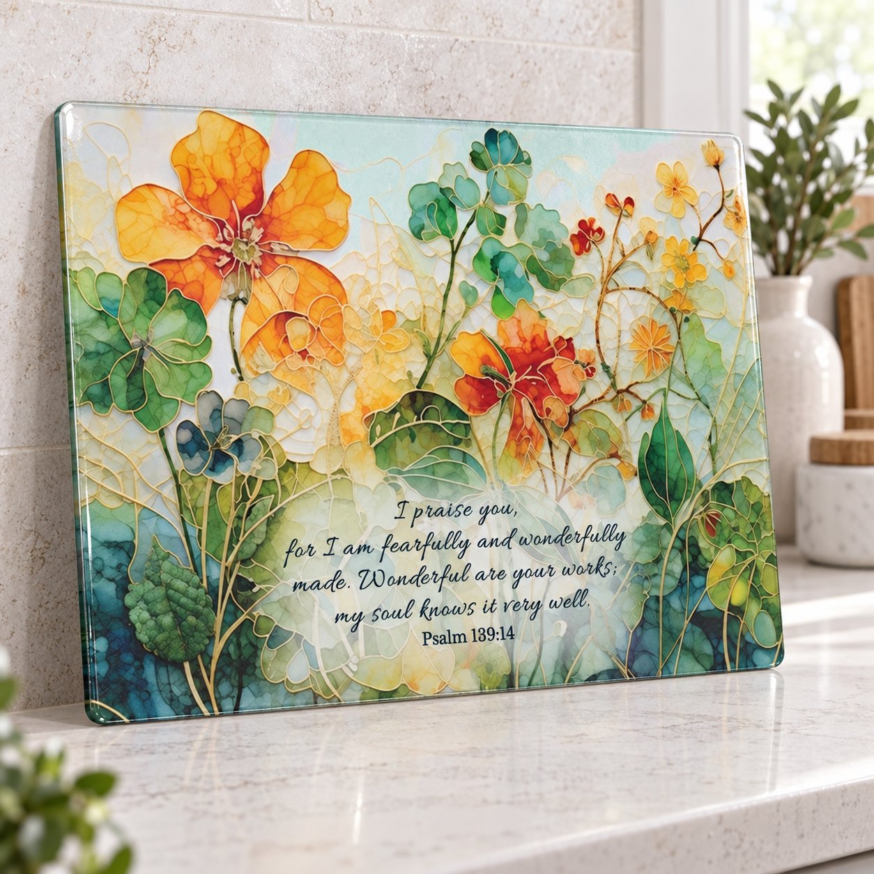 Psalm 139:14 Glass Cutting Board, Faith Floral Kitchen Decor, Religious Housewarming Gift, Religious Cutting Board GLASSCB25