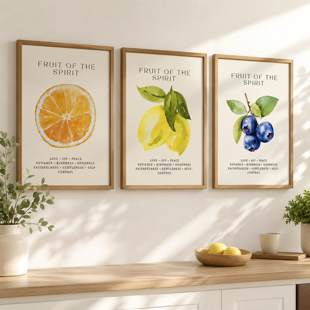Set of 3 Fruit of the Spirit Poster, Galatians 5:22–23 Watercolor Fruit Posters, Christian Kitchen Decor, Summer Style Poster, Wall Hanging Decor PTSET22