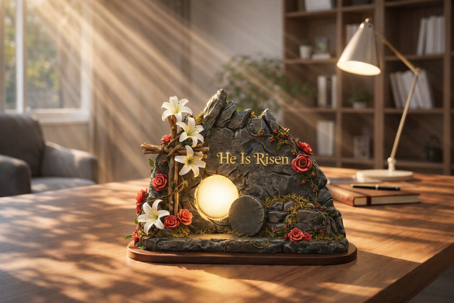 He Is Risen Lighted Easter Decor, Glowing Empty Tomb Stone Table Display, Christian Resurrection Night Lamp, Religious Cross Floral Shelf Accent, Faith Gift