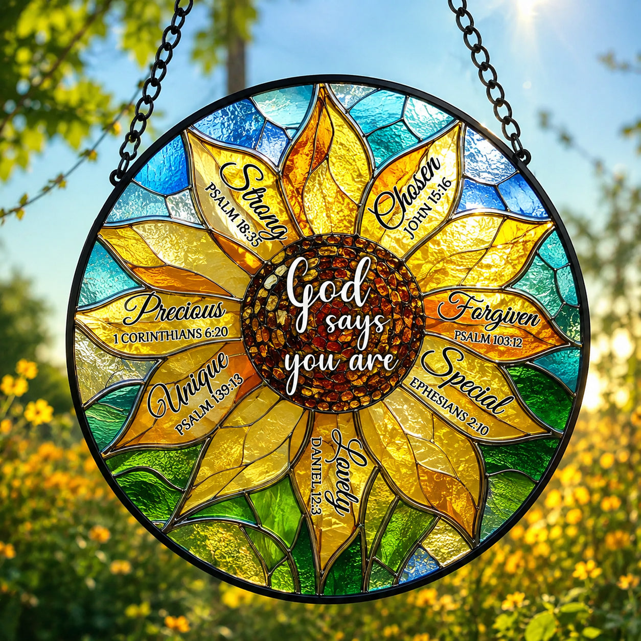 God Says You Are Sunflower Stained Glass Suncatcher – Christian Bible Verse Window Hanging, Inspirational Faith Gift GLASS27