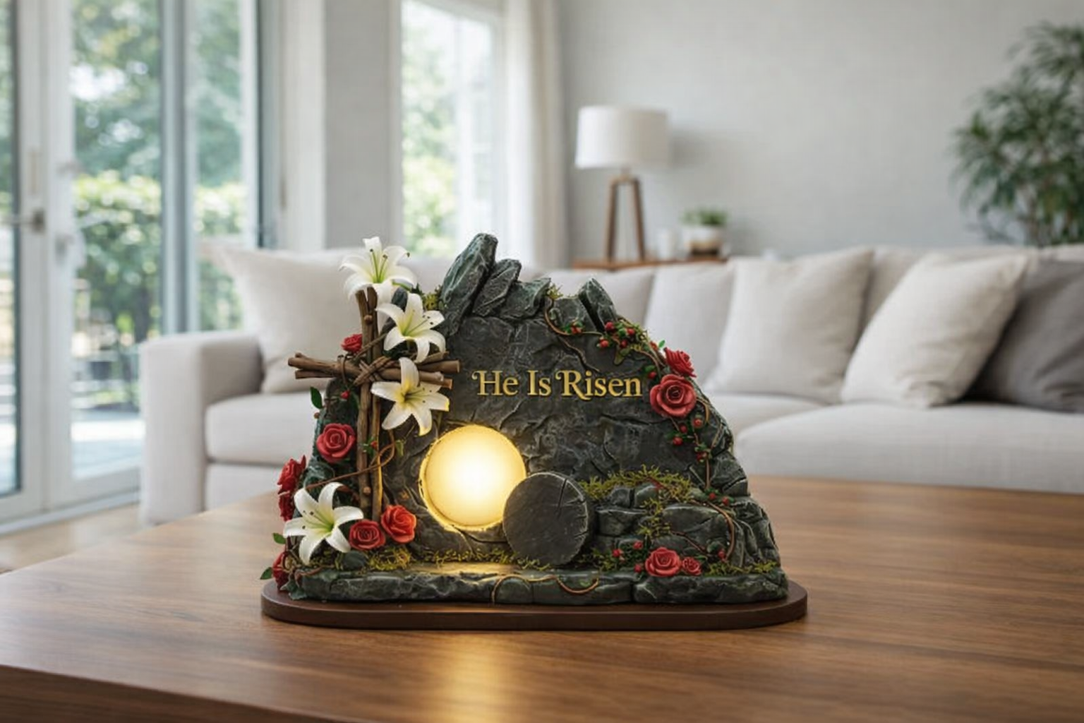 He Is Risen Lighted Easter Decor, Glowing Empty Tomb Stone Table Display, Christian Resurrection Night Lamp, Religious Cross Floral Shelf Accent, Faith Gift