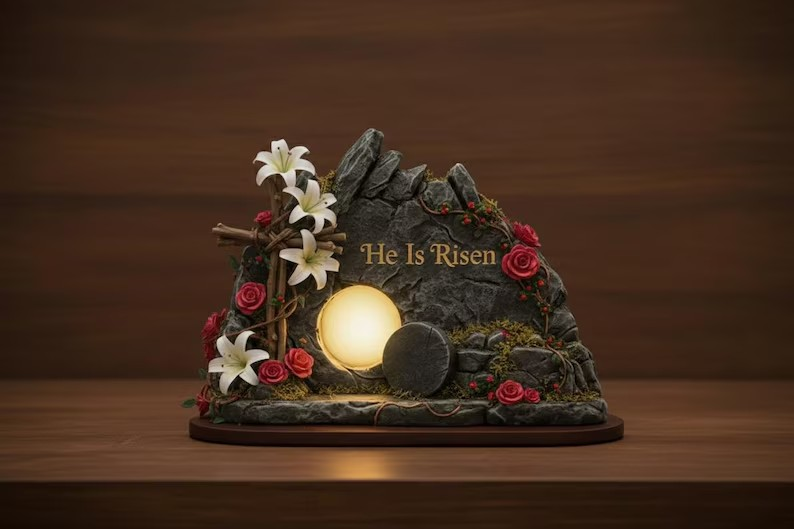 He Is Risen Lighted Easter Decor, Glowing Empty Tomb Stone Table Display, Christian Resurrection Night Lamp, Religious Cross Floral Shelf Accent, Faith Gift