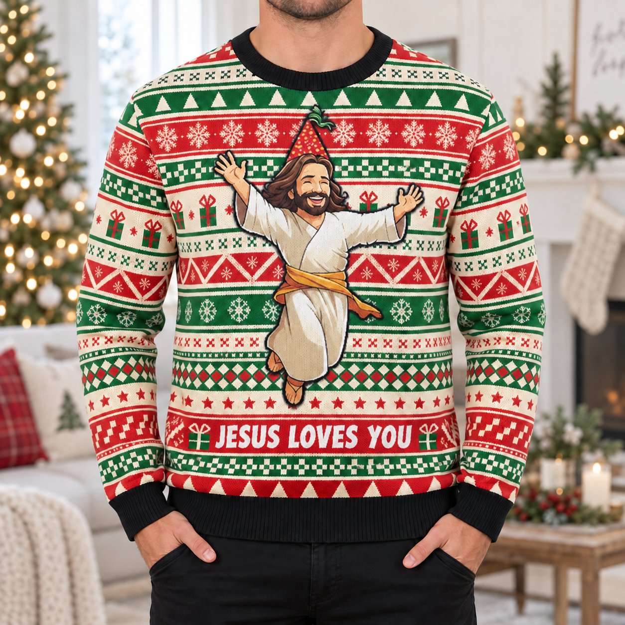 Jesus Loves You Ugly Christmas Sweater, Christian Faith Holiday Sweatshirt, Religious Xmas Gift for Men Women XMASUS27