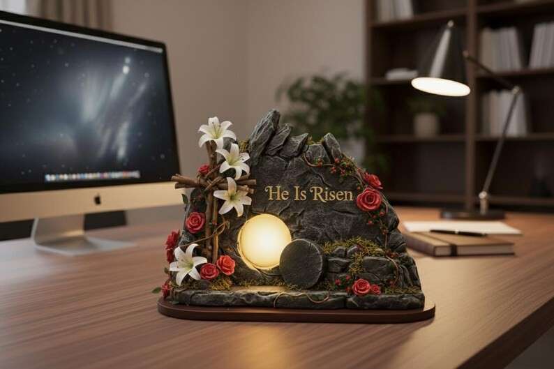 He Is Risen Lighted Easter Decor, Glowing Empty Tomb Stone Table Display, Christian Resurrection Night Lamp, Religious Cross Floral Shelf Accent, Faith Gift