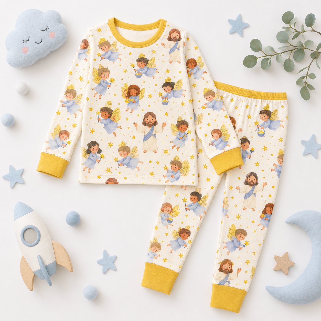 Jesus and Angels Bamboo Kids Pajamas Set, Christian Pajamas for Boys and Girls, Faith Based Toddler Sleepwear BBPJSS24