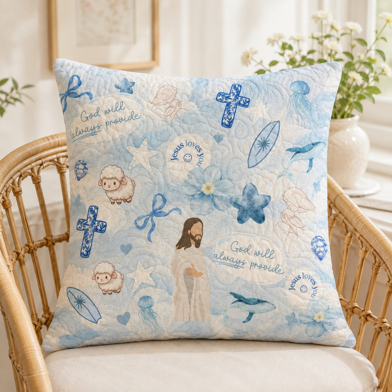 Jesus Loves You Blue Quilted Pillow Case, Christian Coastal Pillow Cover, Faith Cross & Lamb Decor, Religious Gift QPILLOW26