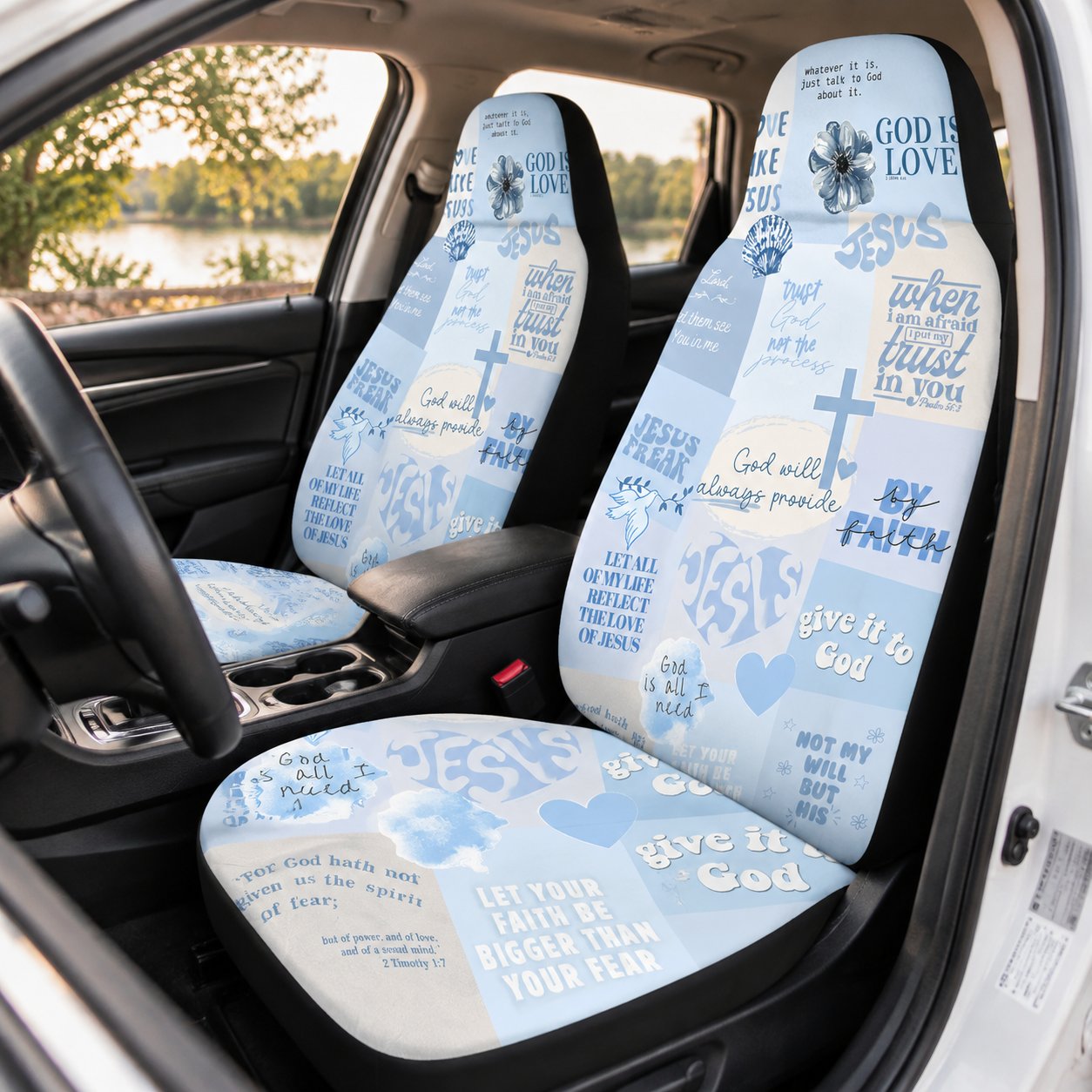 Christian Bible Verse Car Seat Covers, Blue Faith Quote Auto Seat Cover, Jesus Car Accessories, Religious Gift For Women And Believers CARSC28