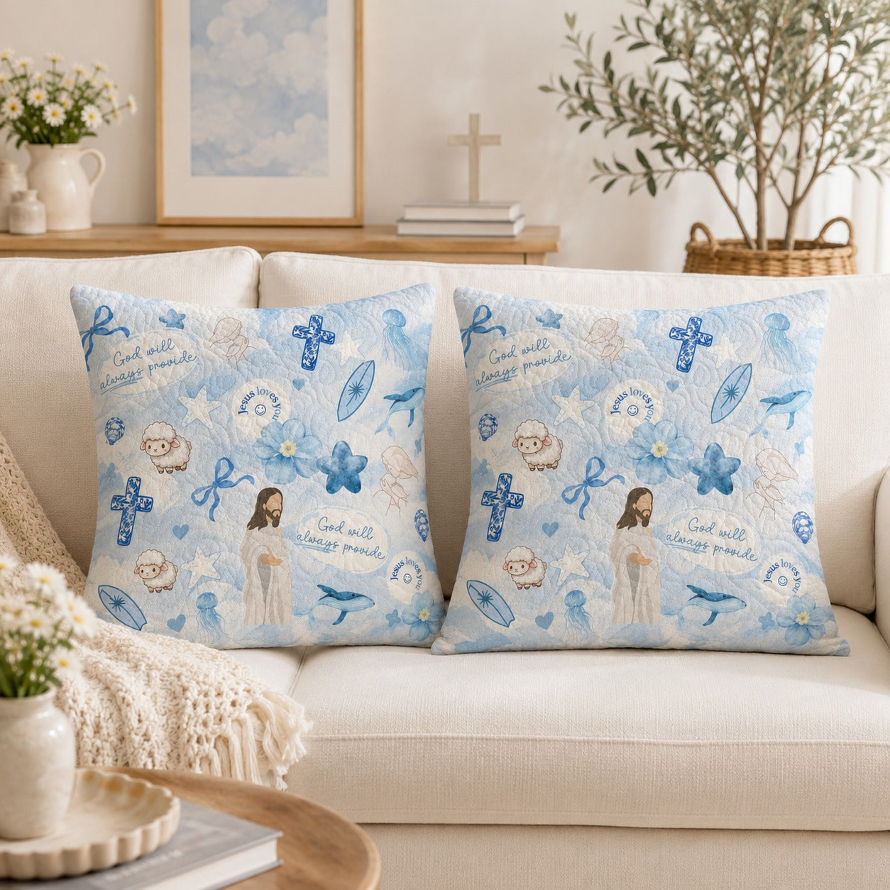 Jesus Loves You Blue Quilted Pillow Case, Christian Coastal Pillow Cover, Faith Cross & Lamb Decor, Religious Gift QPILLOW26