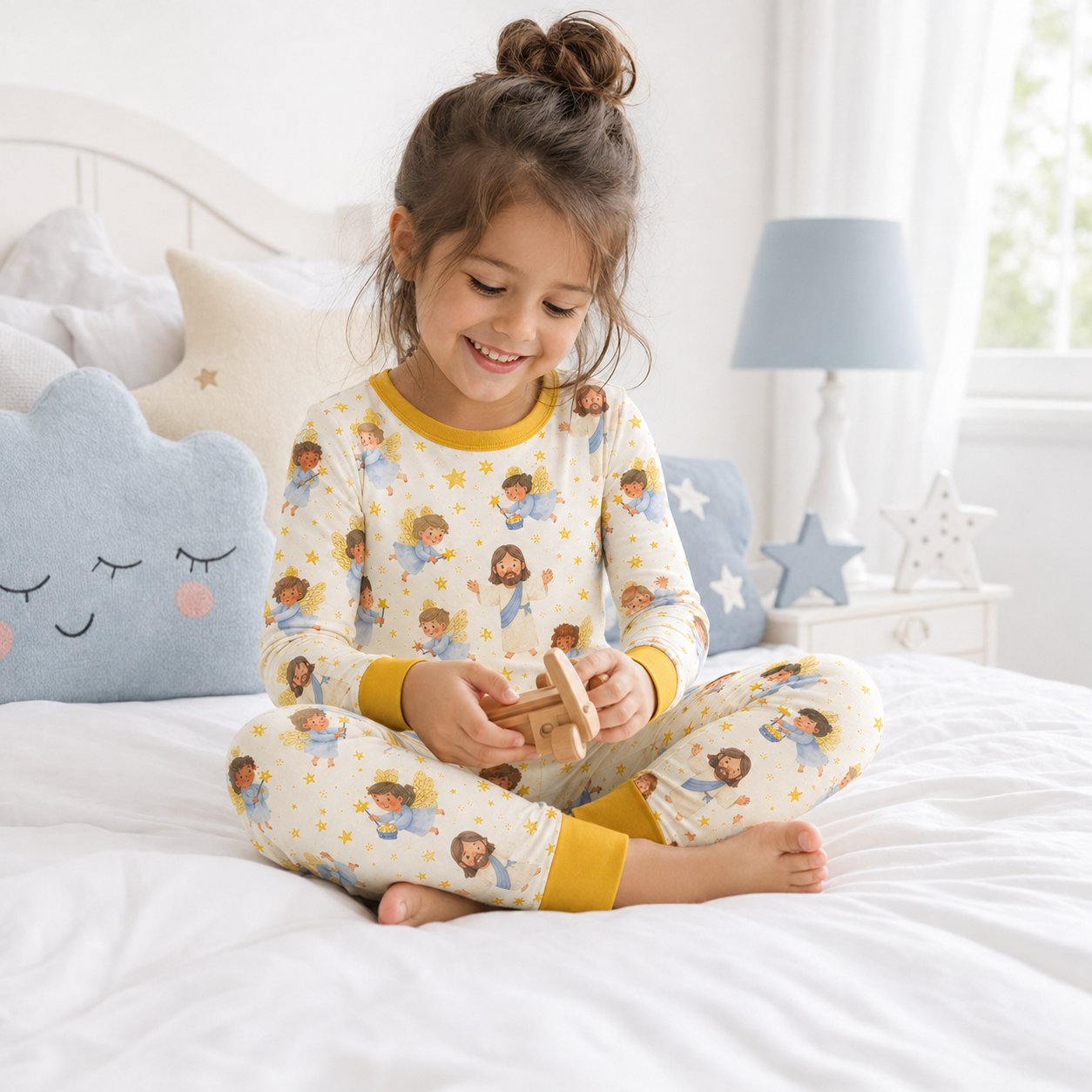 Jesus and Angels Bamboo Kids Pajamas Set, Christian Pajamas for Boys and Girls, Faith Based Toddler Sleepwear BBPJSS24