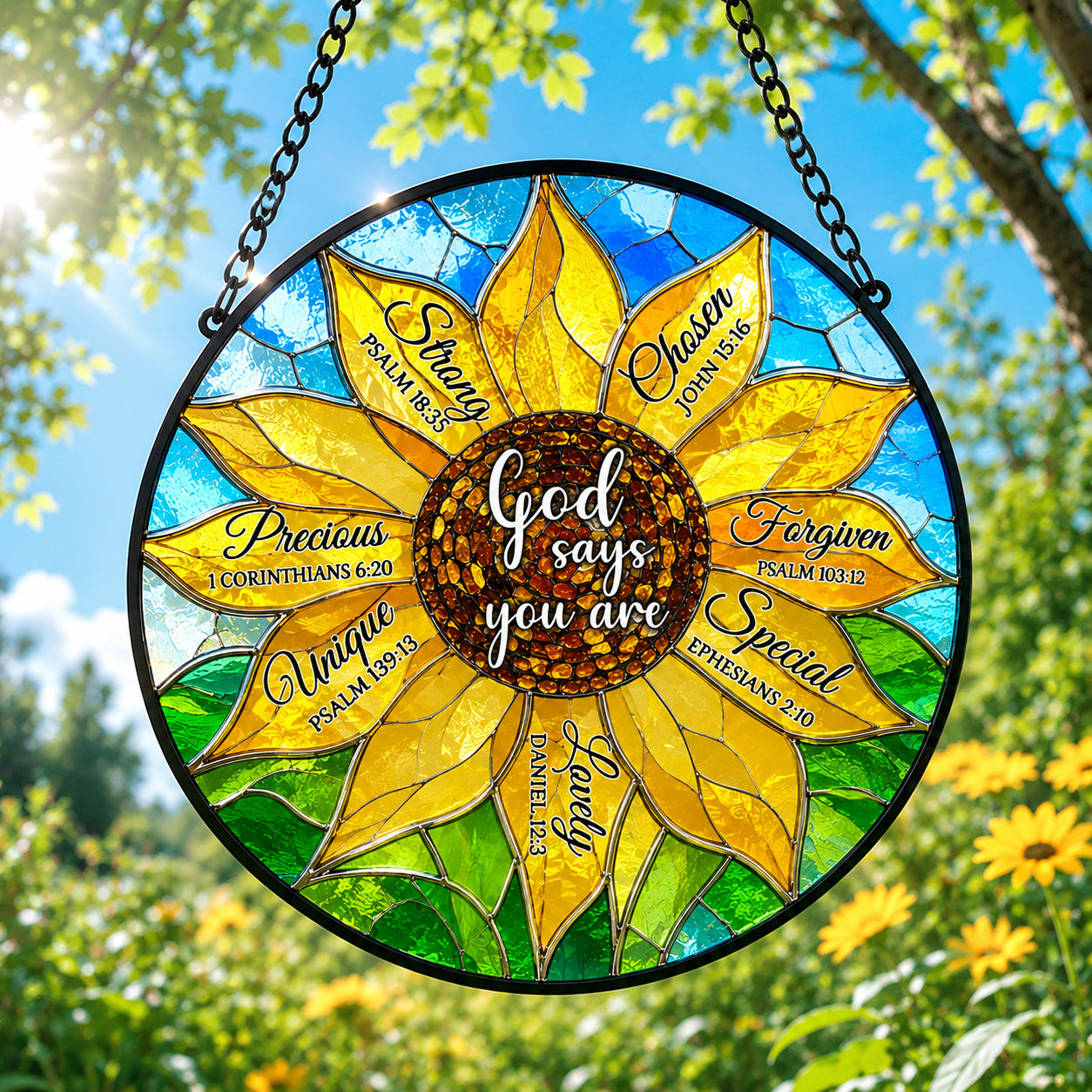 God Says You Are Sunflower Stained Glass Suncatcher – Christian Bible Verse Window Hanging, Inspirational Faith Gift GLASS27