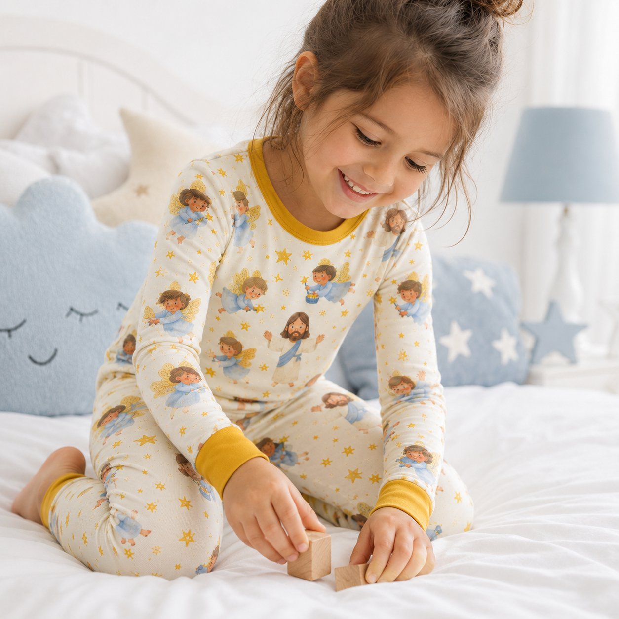 Jesus and Angels Bamboo Kids Pajamas Set, Christian Pajamas for Boys and Girls, Faith Based Toddler Sleepwear BBPJSS24