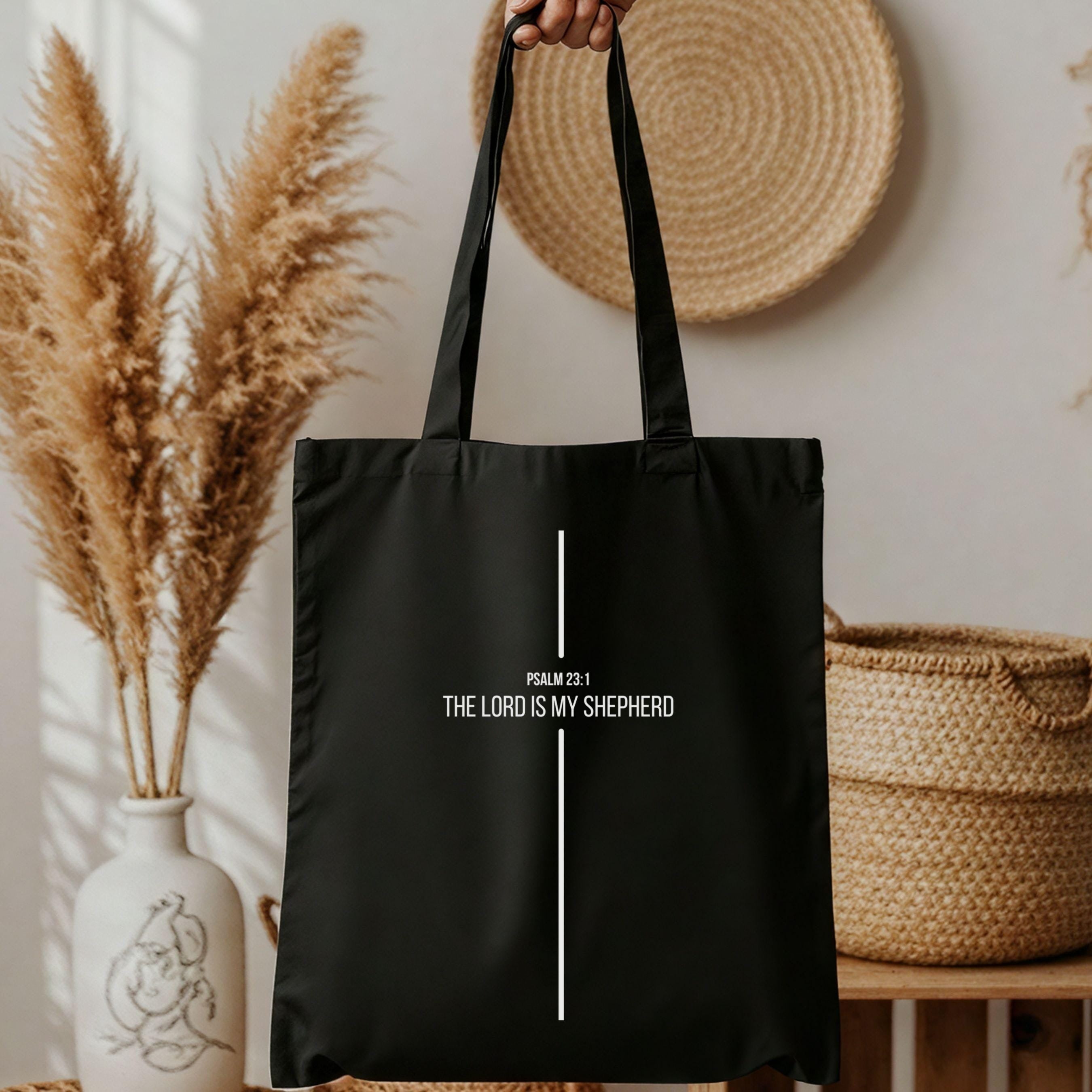 Psalm 23:1 Christian Tote Bag – The Lord is My Shepherd – Inspirational Bible Verse Canvas Bag – Eco-Friendly Minimalist Gift – Religious Gift for Her – Reusable Church Tote TBLAF28