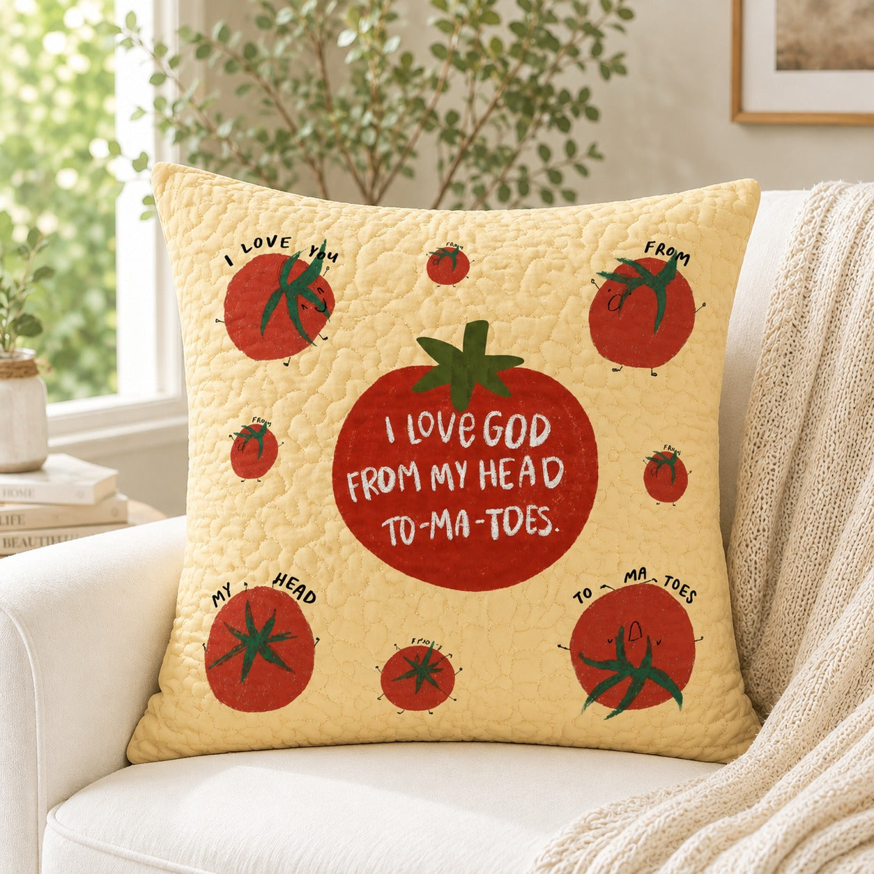 I Love God From My Head to My Toes Quilted Pillow Case, Cute Tomato Christian Pillow Cover, Faith Home Decor, Christian Gift QPILLOW27