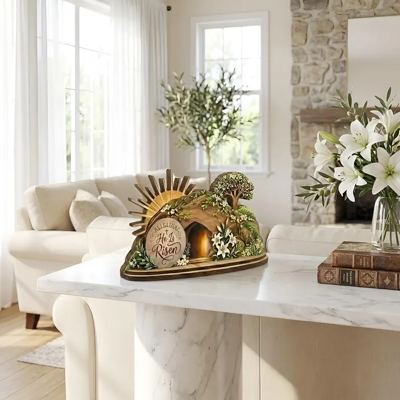 Alleluia He Is Risen Easter Decor, Lighted Empty Tomb Table Display, Christian Resurrection Scene Shelf Sign, Floral Sunburst Religious Home Accent, Faith Gift