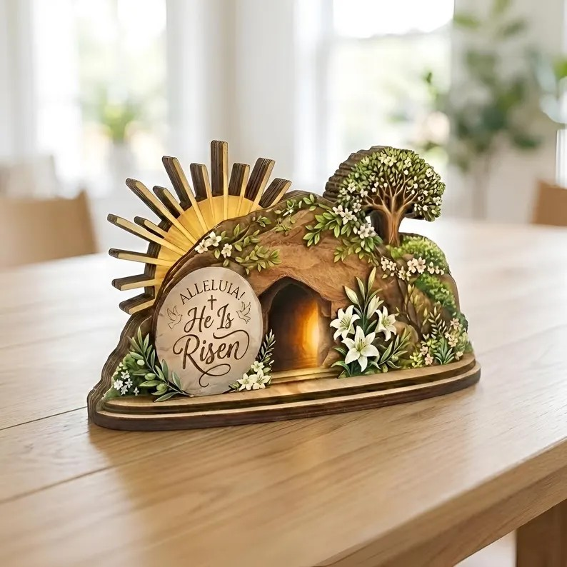 Alleluia He Is Risen Easter Decor, Lighted Empty Tomb Table Display, Christian Resurrection Scene Shelf Sign, Floral Sunburst Religious Home Accent, Faith Gift