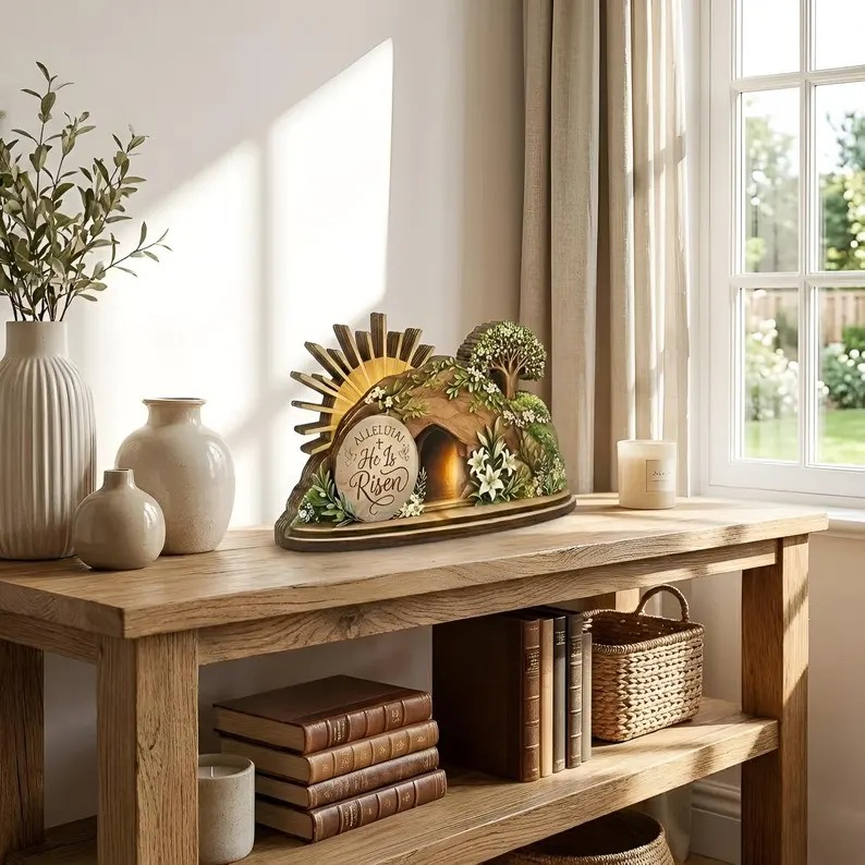 Alleluia He Is Risen Easter Decor, Lighted Empty Tomb Table Display, Christian Resurrection Scene Shelf Sign, Floral Sunburst Religious Home Accent, Faith Gift