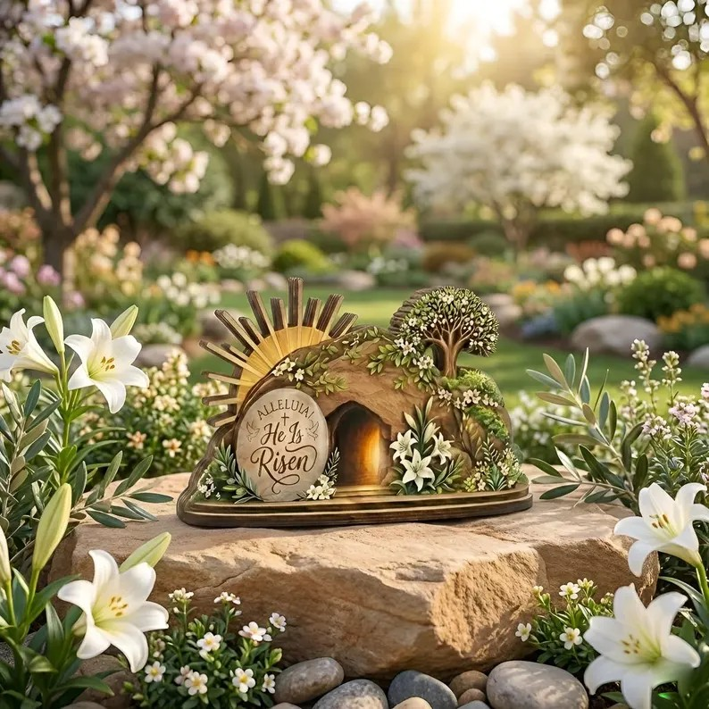 Alleluia He Is Risen Easter Decor, Lighted Empty Tomb Table Display, Christian Resurrection Scene Shelf Sign, Floral Sunburst Religious Home Accent, Faith Gift