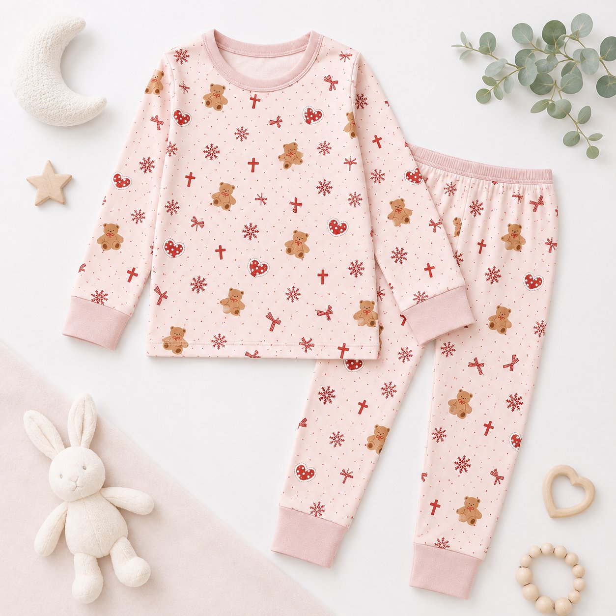 Pink Teddy Bear and Cross Bamboo Kids Pajamas Set, Christian Girls Sleepwear, Cute Faith Inspired Kids PJs BBPJSS25