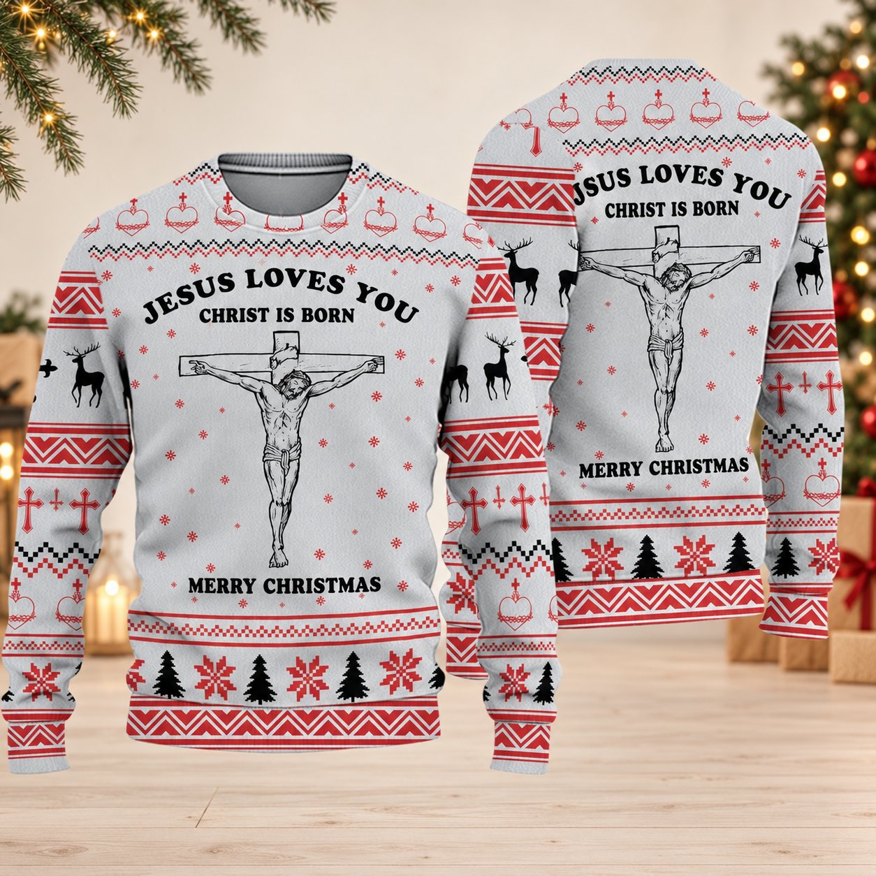 Jesus Loves You Christ Is Born Ugly Christmas Sweater, Christian Cross Holiday Sweatshirt, Religious Xmas Gift XMASUS28
