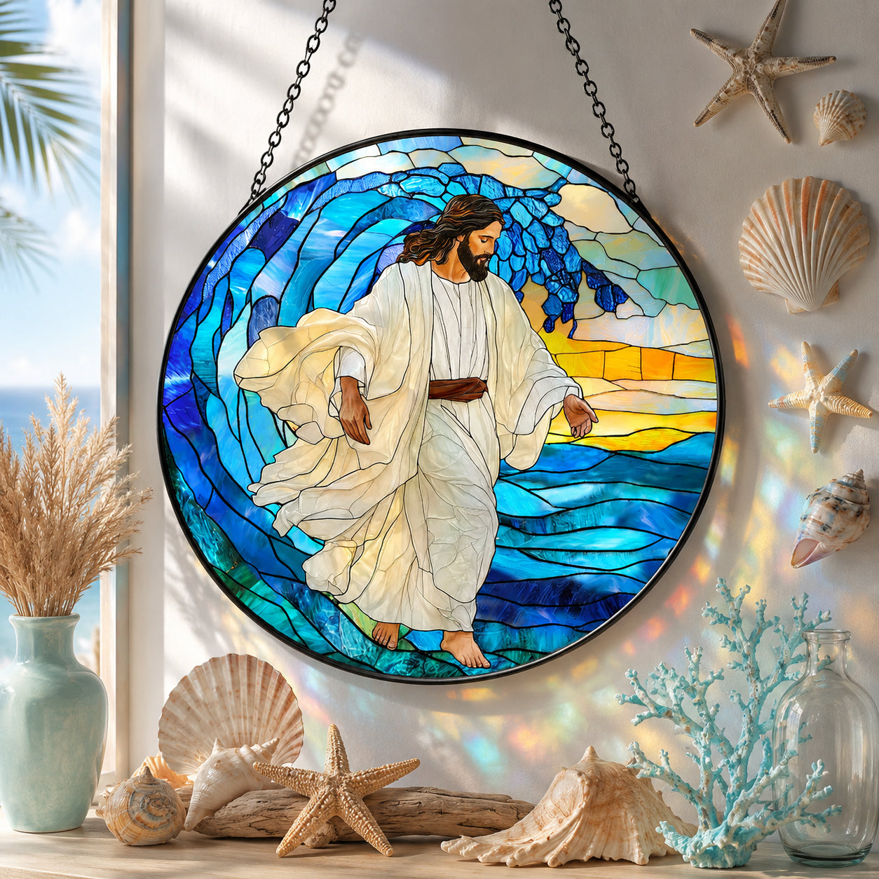 Jesus Walking on Water Stained Glass Suncatcher – Ocean Wave Christian Window Hanging, Religious Faith Coastal Home Decor Gift GLASS28