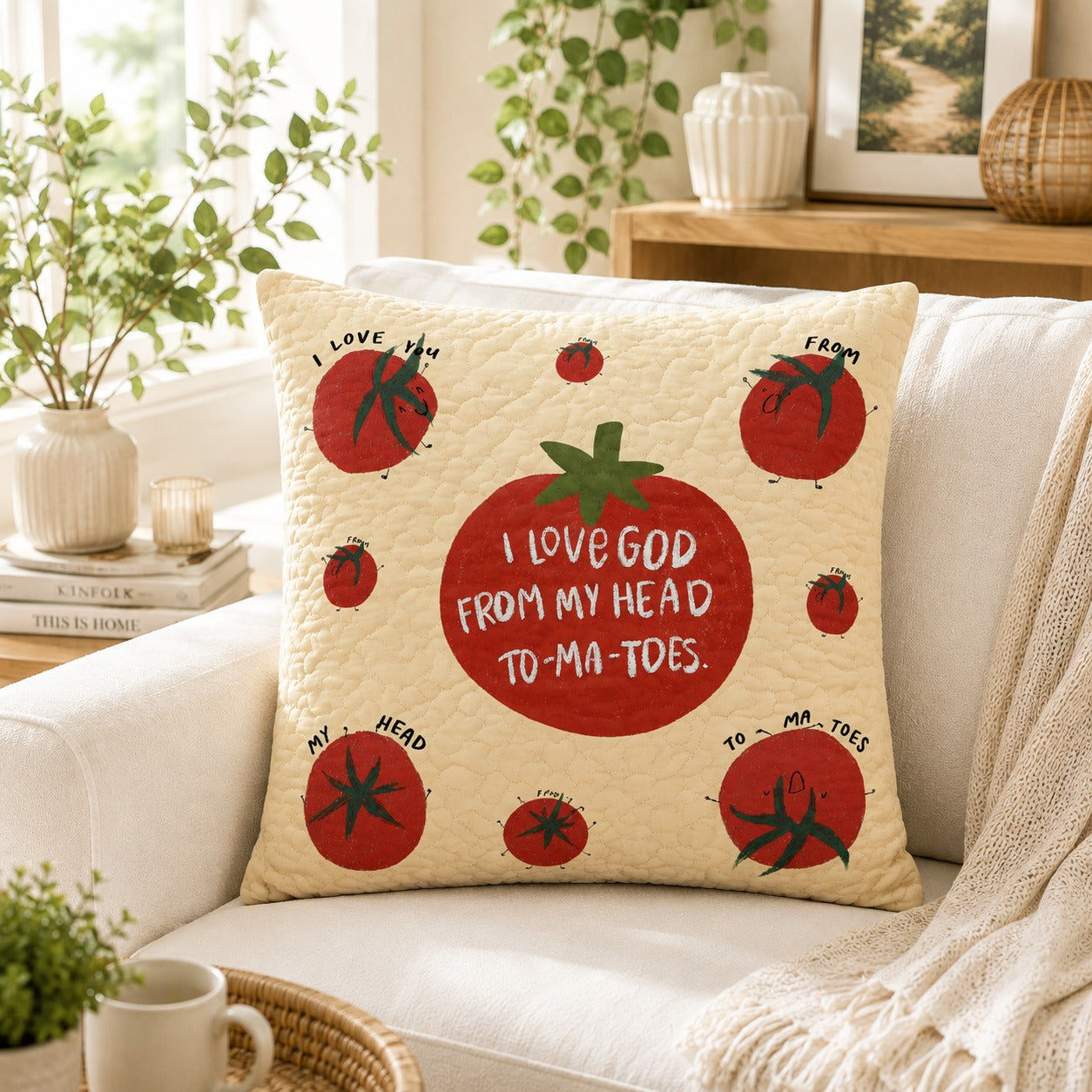 I Love God From My Head to My Toes Quilted Pillow Case, Cute Tomato Christian Pillow Cover, Faith Home Decor, Christian Gift QPILLOW27
