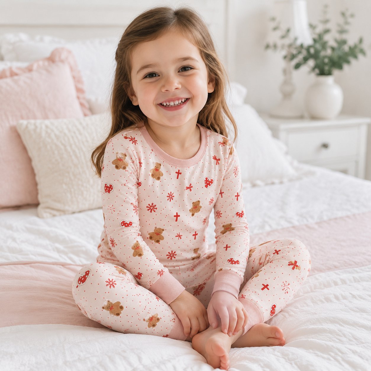 Pink Teddy Bear and Cross Bamboo Kids Pajamas Set, Christian Girls Sleepwear, Cute Faith Inspired Kids PJs BBPJSS25