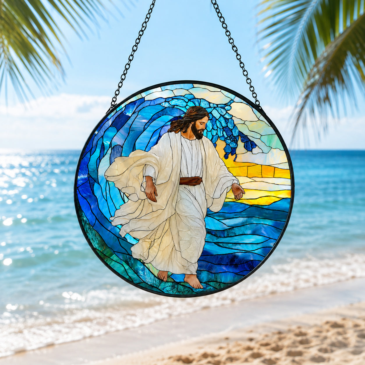 Jesus Walking on Water Stained Glass Suncatcher – Ocean Wave Christian Window Hanging, Religious Faith Coastal Home Decor Gift GLASS28