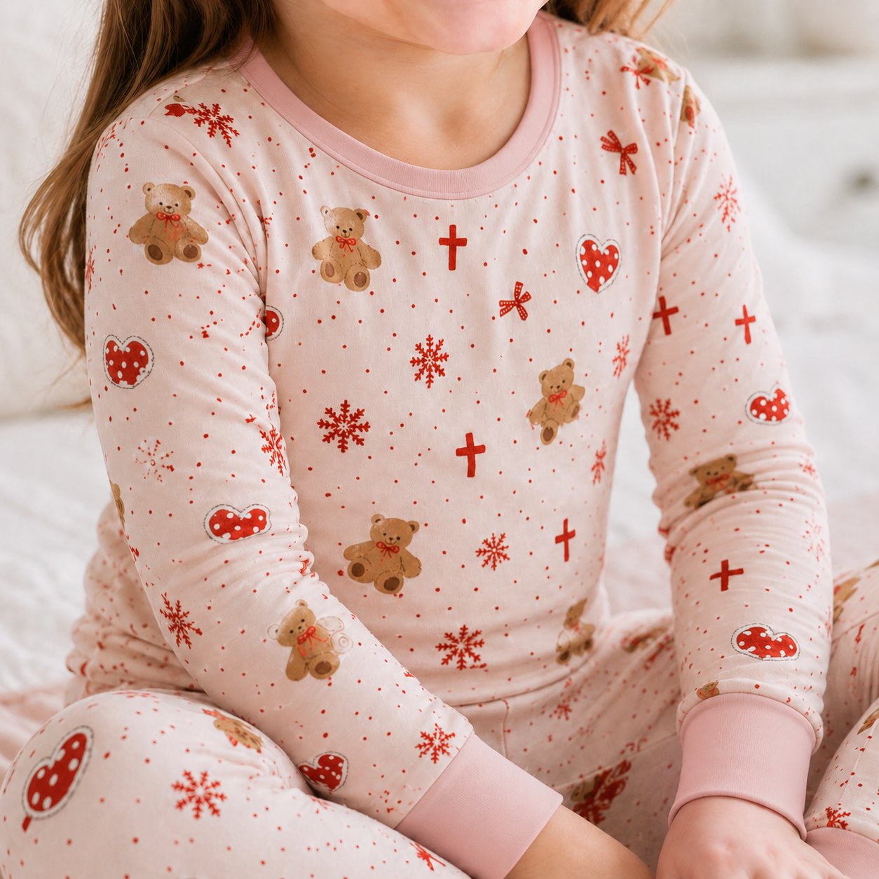 Pink Teddy Bear and Cross Bamboo Kids Pajamas Set, Christian Girls Sleepwear, Cute Faith Inspired Kids PJs BBPJSS25