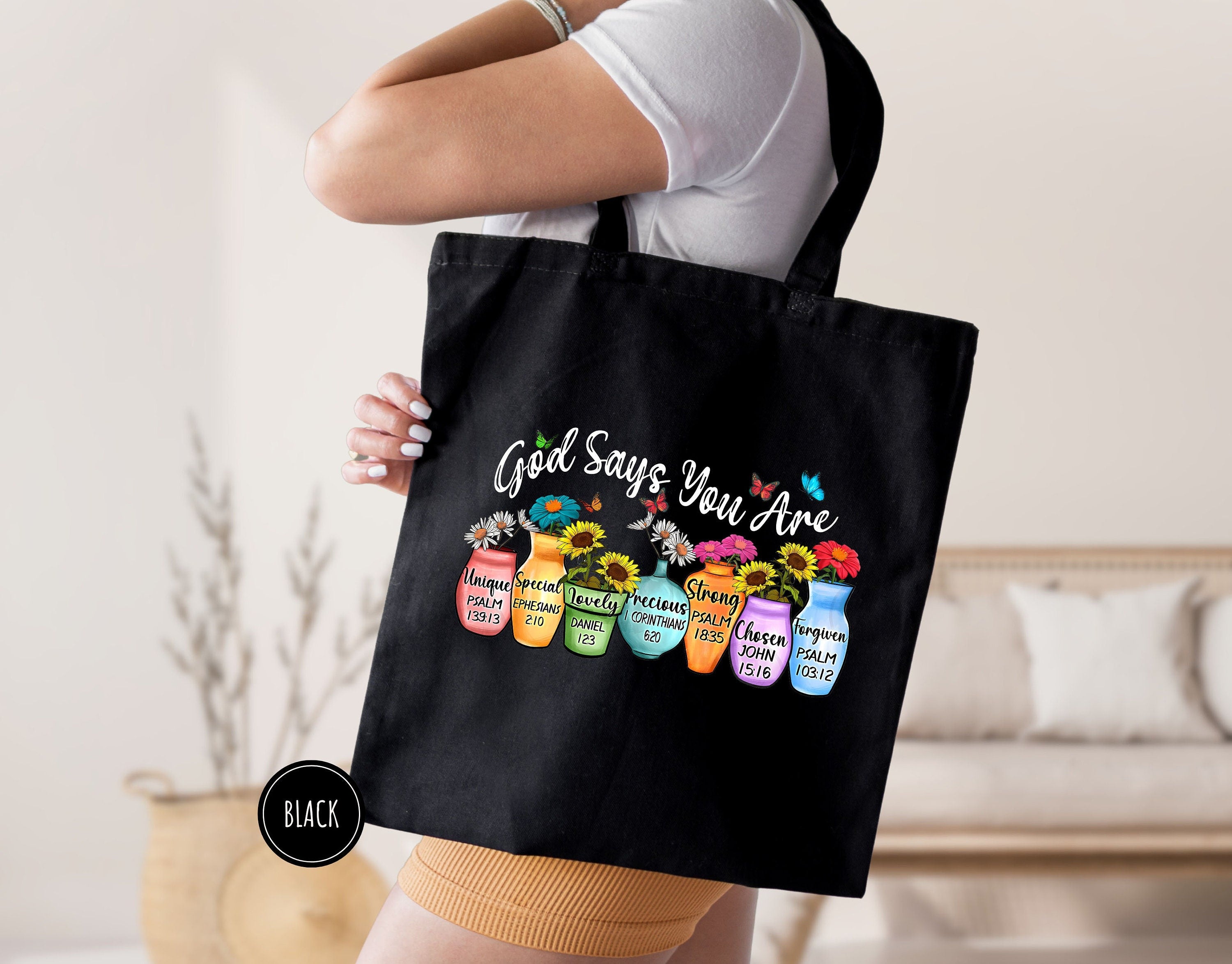 God Says You Are Christian Tote Bag – Inspirational Women’s Canvas Bag – Religious Gift for Her – Motivational Shoulder Tote – Bible Verse Tote – Gift for Christian Women TBLAF30