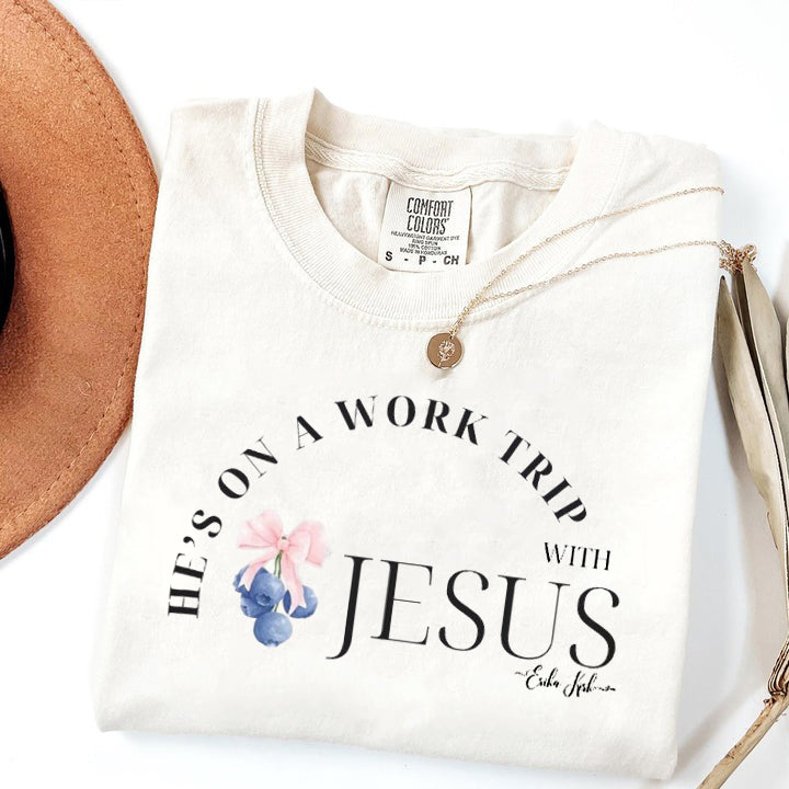 He's on a Work Trip with Jesus Christian Comfort Color, Blueberry Budget Sweater, Inspired By Erika Kirk, Christian Gift