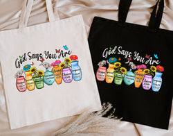 God Says You Are Christian Tote Bag – Inspirational Women’s Canvas Bag – Religious Gift for Her – Motivational Shoulder Tote – Bible Verse Tote – Gift for Christian Women
