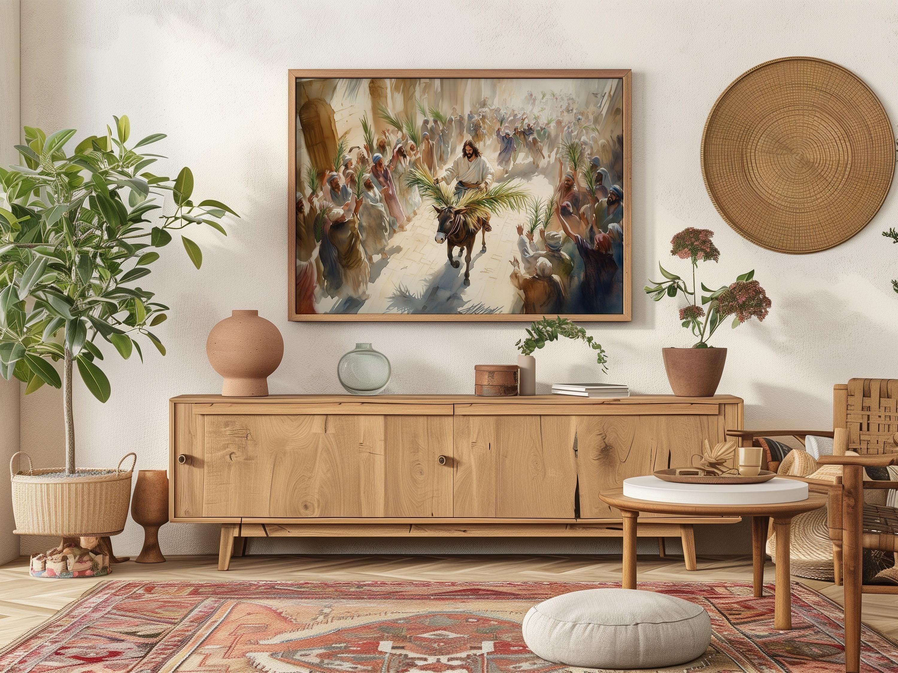 Jesus Riding into Jerusalem Poster, Palm Sunday Holy week Art Poster, Jesus Christ Riding on a Donkey Poster, Easter, Christian Poster