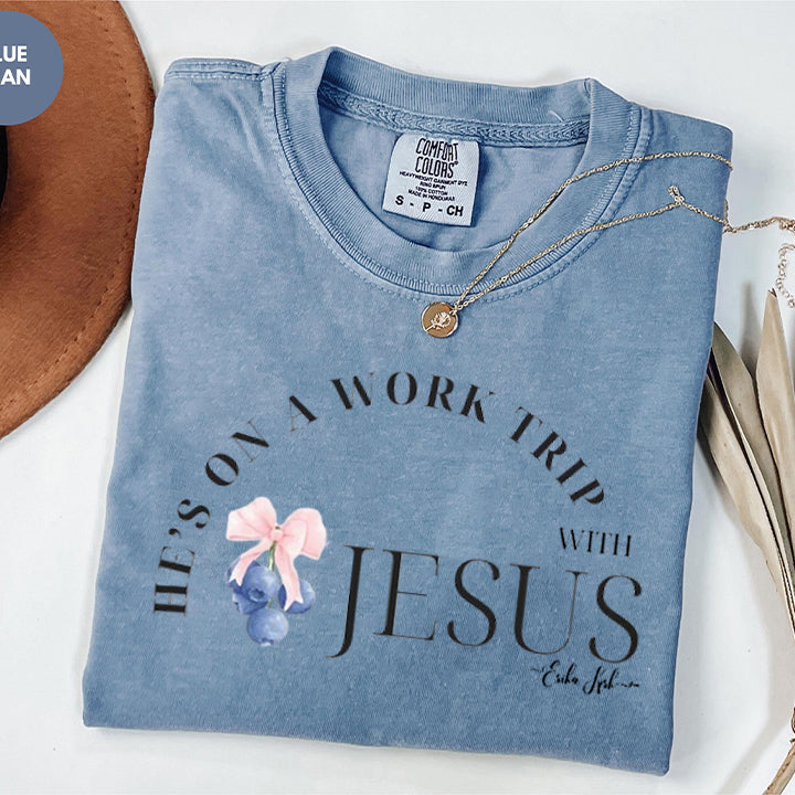 He's on a Work Trip with Jesus Christian Comfort Color, Blueberry Budget Sweater, Inspired By Erika Kirk, Christian Gift